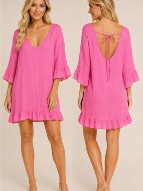 Ekouaer Pink Ruffle Swim Cover Up Dress Large Beach Resort Boho Chic